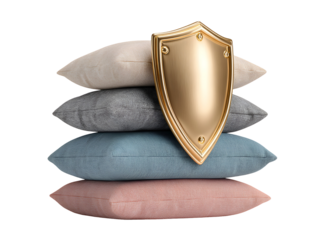 Golden shield protecting a stack of pillows