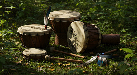 Handcrafted drums on mossy ground