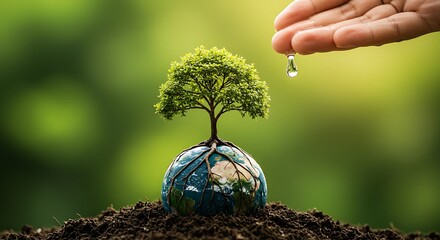 Nurturing Our Planet Hand Watering a Tree on Earth Globe for Sustainable Future