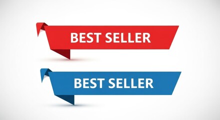 Two origamistyle banners, one red and one blue, both displaying the text best seller
