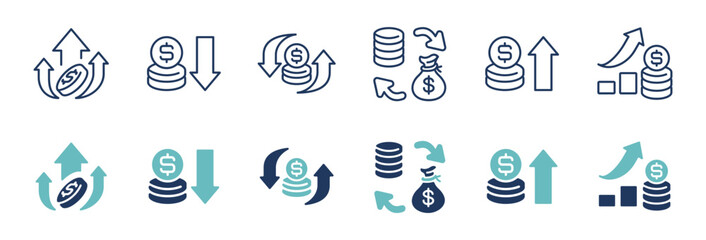 business growth money cash flow icon line set financial profit income dollar arrow sales chart economy wealth signs vector outline illustration