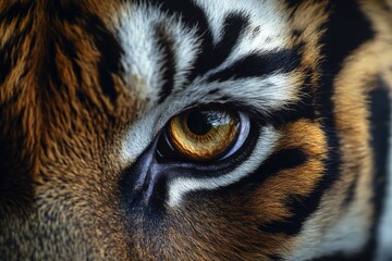 A stunning macro shot of a tiger's face, focusing on its intense, piercing amber eyes. The incredible detail reveals the texture of its fur, bold black stripes, and powerful, mesmerizing gaze
