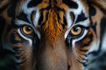 A stunning macro shot of a tiger's face, focusing on its intense, piercing amber eyes. The incredible detail reveals the texture of its fur, bold black stripes, and powerful, mesmerizing gaze