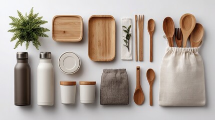 Reusable Containers, Water Bottles, Plant, and Wooden Utensils on White Surface
