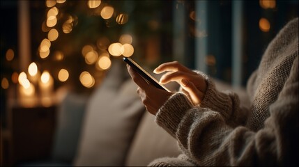 Hands using mobile phone, cozy evening
