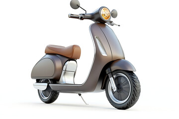 Sleek brown motor scooter with a classic design, perfect for urban commuting or stylish transportation featuring tires, seat, and reflective mirror.