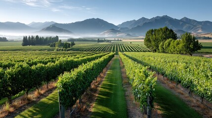 Fototapeta premium Vineyard Rows Leading to Distant Mountains.
