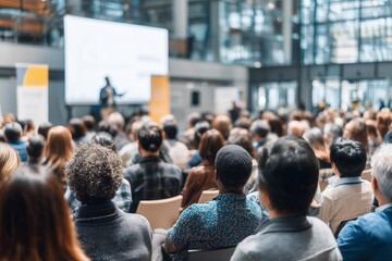 Large audience listens to speaker at conference, concept for business seminar, executive training and corporate presentation with a group of vice president level management staff