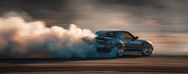 Dark sports car drifting with lots of smoke on speed track, concept for motorsports event promotion, automotive design presentation and action scene backdrop