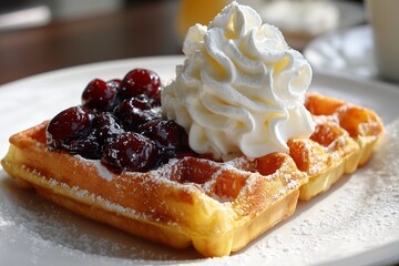 Golden waffle topped with cherry compote and whipped cream, dusted with powdered sugar. Concept for dessert menu design, culinary blog illustration, and breakfast advertising.