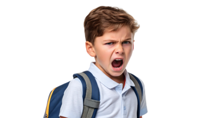 Angry Schoolboy Isolated on White Background Cutout PNG Expressing Frustration and Emotion for Education and Child Behavior Concepts

