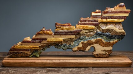 Meats and cheeses arranged in a map shape on a wooden base