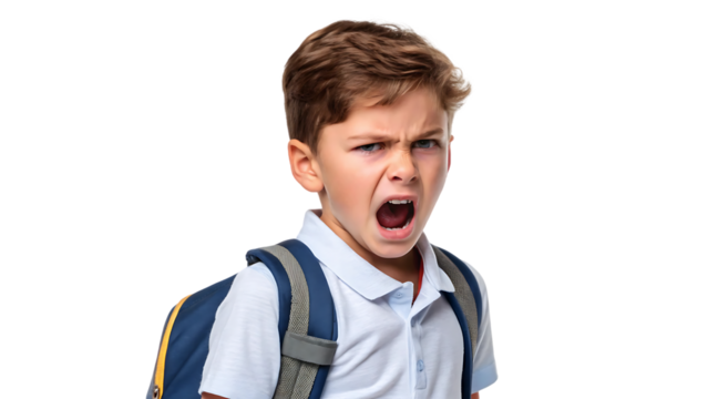 Angry Schoolboy Isolated on White Background Cutout PNG Expressing Frustration and Emotion for Education and Child Behavior Concepts

