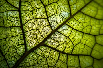 Macro photograph captures the intricate venation pattern of a vibrant green leaf, concept for botanical studies, educational materials and environmental awareness initiatives