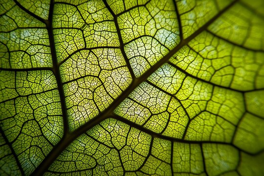 Macro photograph captures the intricate venation pattern of a vibrant green leaf, concept for botanical studies, educational materials and environmental awareness initiatives - Powered by Adobe