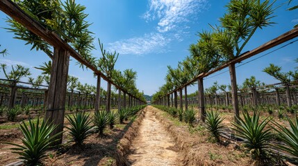 Yucca Plants in Field with Wooden Trellis
