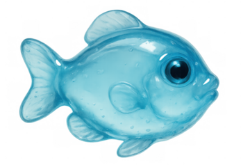 Blue gummy fish swimming playfully, transparent body gliding through empty white space, cartoon-style marine character