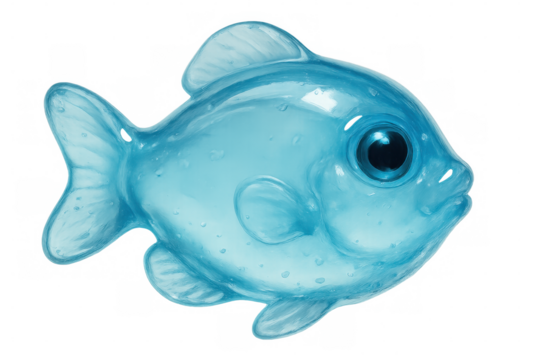 Blue gummy fish swimming playfully, transparent body gliding through empty white space, cartoon-style marine character - Powered by Adobe