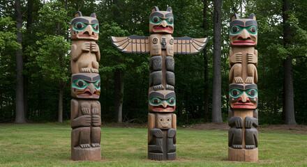 Intricate carved totem poles in park setting