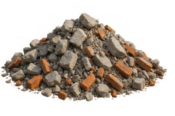 Demolition waste scattered with fragmented concrete, cracked bricks, pulverized debris against transparent backdrop