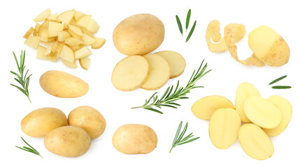 Fresh raw potatoes and rosemary on white background, collage