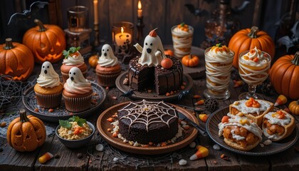 Halloween-themed dessert table with cupcakes, cakes, and treats decorated with ghosts, pumpkins, and festive candy.