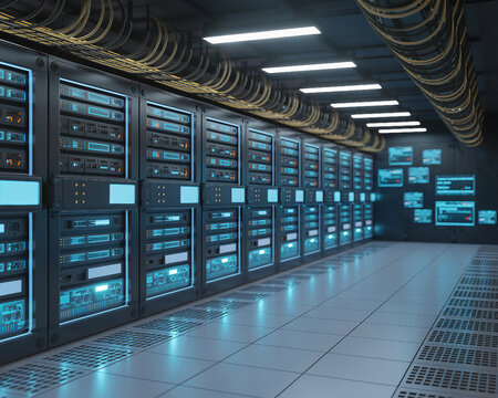 Futuristic server room or AI data center filled with glowing blue panels, fiber optic lights, and floating interface screens