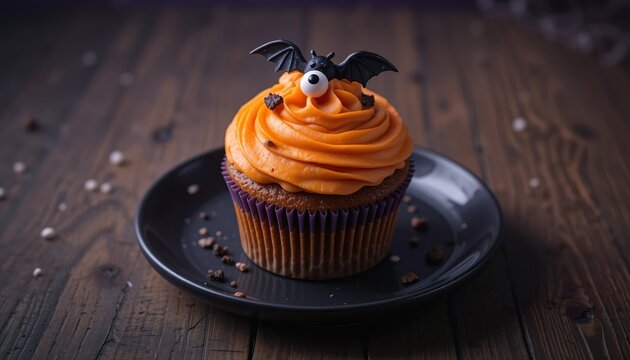 Halloween cupcake with orange frosting and a cute black bat decoration on top. - Powered by Adobe