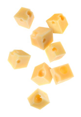 Cheese cubes in air against white background