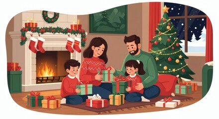 A family of four sits on the floor by the Christmas tree, opening presents in a cozy living room with a fireplace.