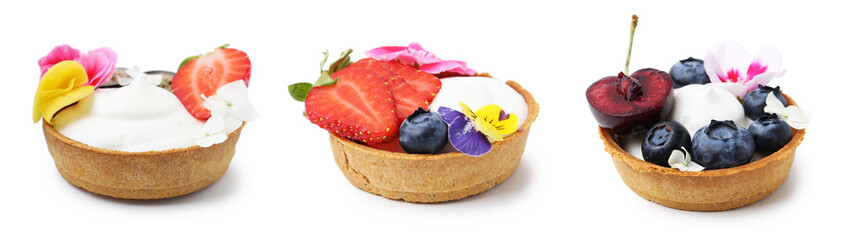 Tartlets decorated with flowers isolated on white, set. Tasty dessert