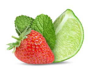 Fresh lime, strawberry and mint leaves isolated on white