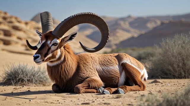 Stunning Ibex with Long Recurved Horns Relaxing in the Warm Sun of Israel's Negev Desert
