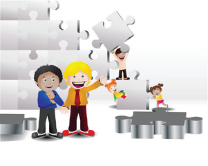 illustration of a multicultural children connecting puzzle on isolated white background.eps