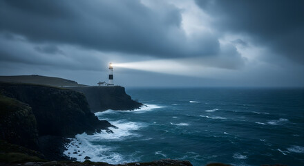 A lone lighthouse stands resolute on a dark, rocky cliff, its beam cutting through a stormy, moody sky over a turbulent sea