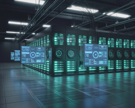 Futuristic server room or AI data center filled with glowing blue panels, fiber optic lights, and floating interface screens