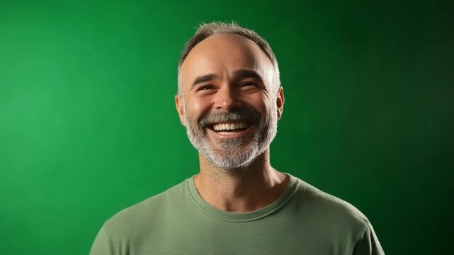 Radiant Smile: A mature man exudes warmth and genuine happiness, his beaming smile illuminating a simple, green backdrop.