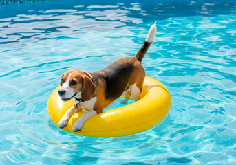 A playful beagle dog standing on a bright yellow inflatable ring in a swimming pool, surrounded by clear blue water. The sun is shining, creating a cheerful and vibrant atmosphere.