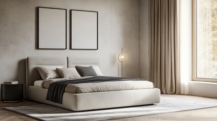 Beige bedroom with two framed prints
