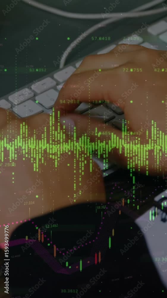 Poster animation of financial data processing over caucasian man using computer