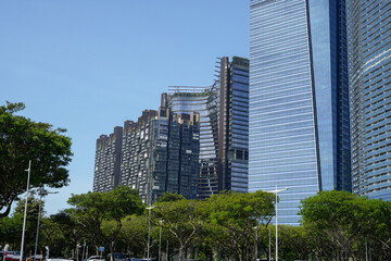 A view of the Singapore skyline, showcasing a cluster of modern skyscrapers