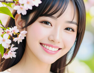 若い女性と桜のアップ　AI生成画像 
