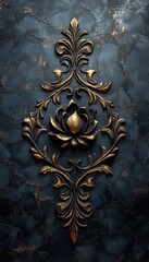 A luxurious patterned background of dark grey and charcoal with rich golden accents, showcasing a prominent central metallic lotus flower design surrounded by intricate scrollwork.
