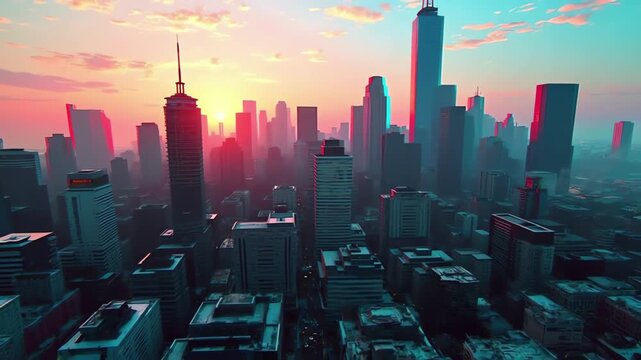 Glitch scan of city skyline with digital distortion and loop-ready flicker