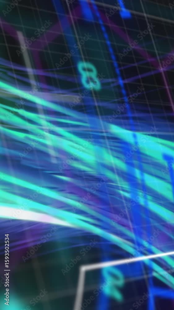Poster animation of scope scanning with shapes over light trails on black background