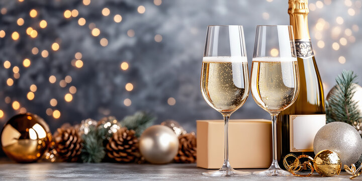An elegant New Year's celebration with two glasses of sparkling champagne, a gift, and festive ornaments against a bokeh background. Perfect for holiday parties and toasts.
