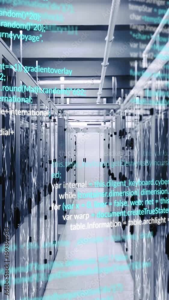 Poster computer code animation over servers in data center