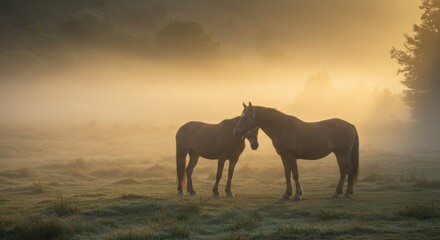 Ethereal equine encounter in a luminous landscape a tranquil scene of friendship and connection