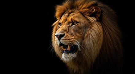 Obraz premium Magnificent lion portrait with focused gaze and regal golden mane in darkness