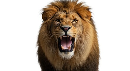 Fierce male lion roaring intensely with sharp teeth displayed on white backdrop